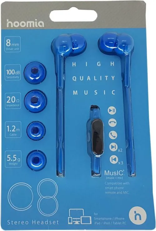 STEREO EARPHONE + MIC BLUE 1.2M