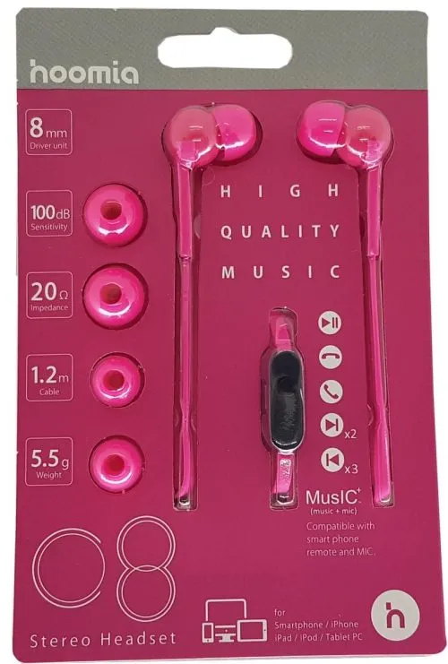 STEREO EARPHONE + MIC HOT PINK 1.2M
